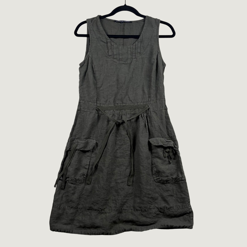 Le Phare de la Baleine Linen Dress Utility Cargo Italian M Olive Green Lagenlook